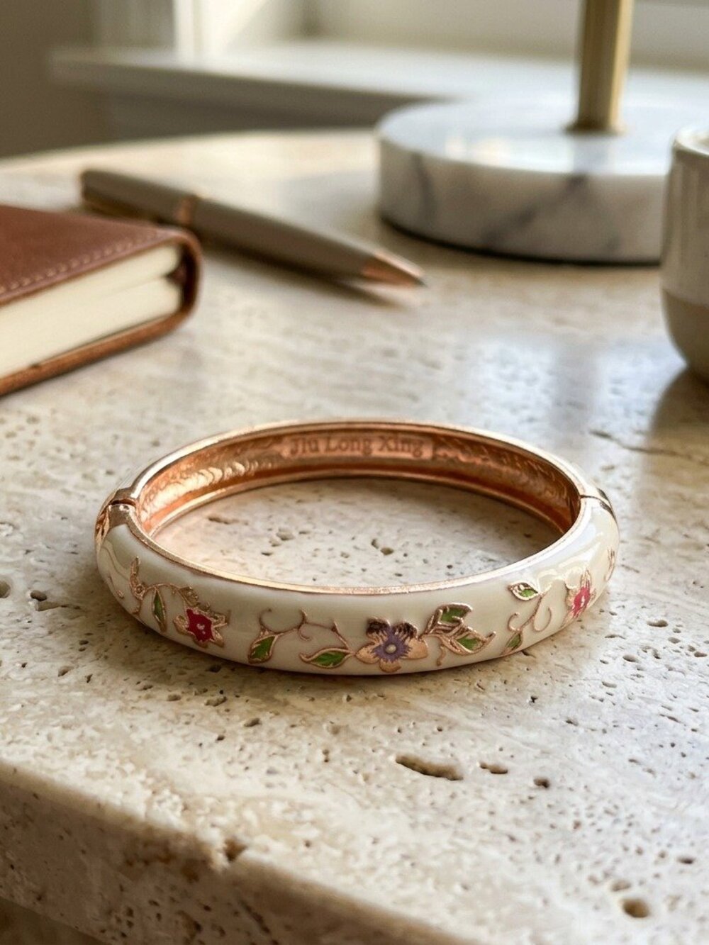 Cloisonne Enamel Bangle Bracelet Flower Hinged Floral Vintage Women Statement